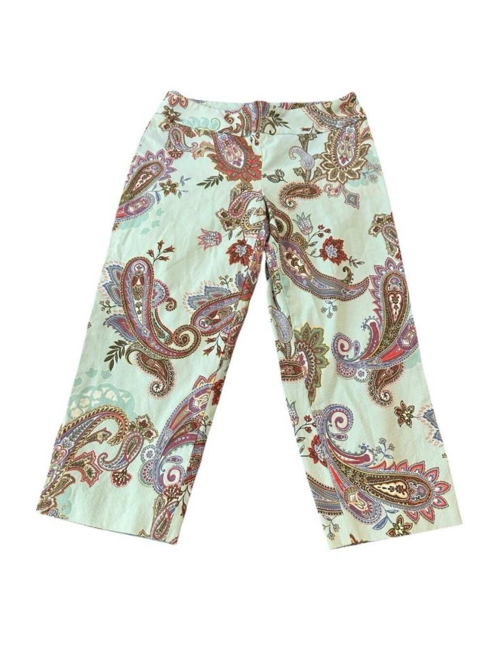 Randy Kemper Cropped Wide Mint Green Capri Pants M Coastal Paisley Boho Resort